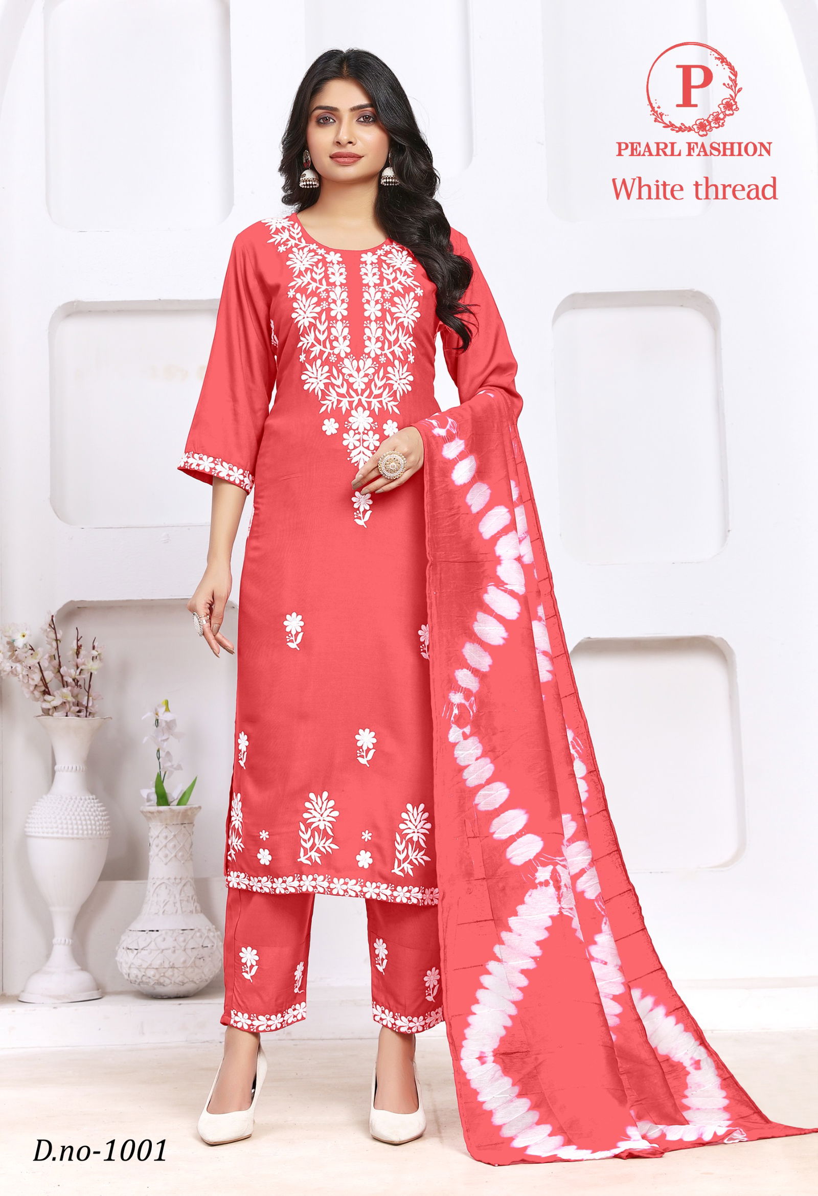 White Thread Pearl Viscose Rayon Designer Kurti With Bottom Dupatta Wholesale Shop In Surat